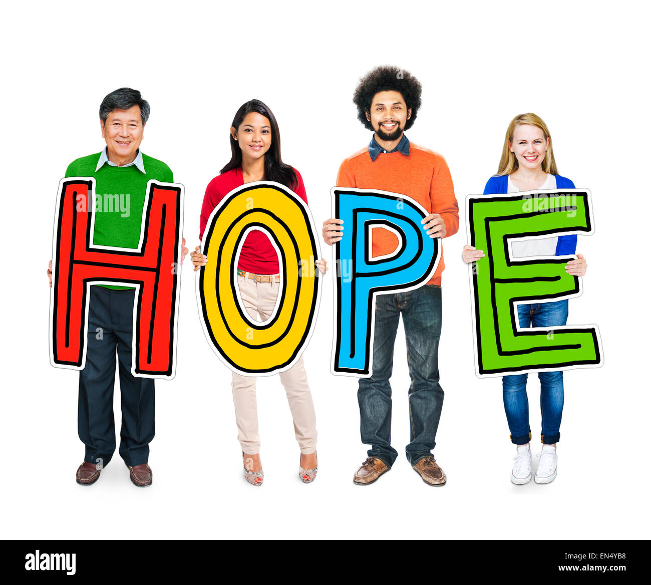 Multiethnische Gruppe von Menschen Brief mit Hoffnung-Konzept Stockfoto