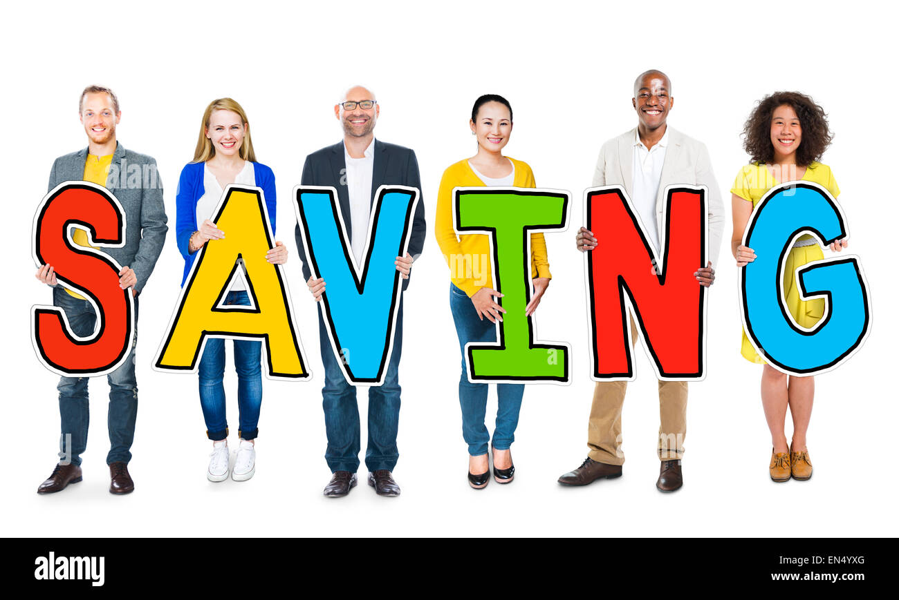 Multiethnische Gruppe von Menschen Holding speichern Stockfoto