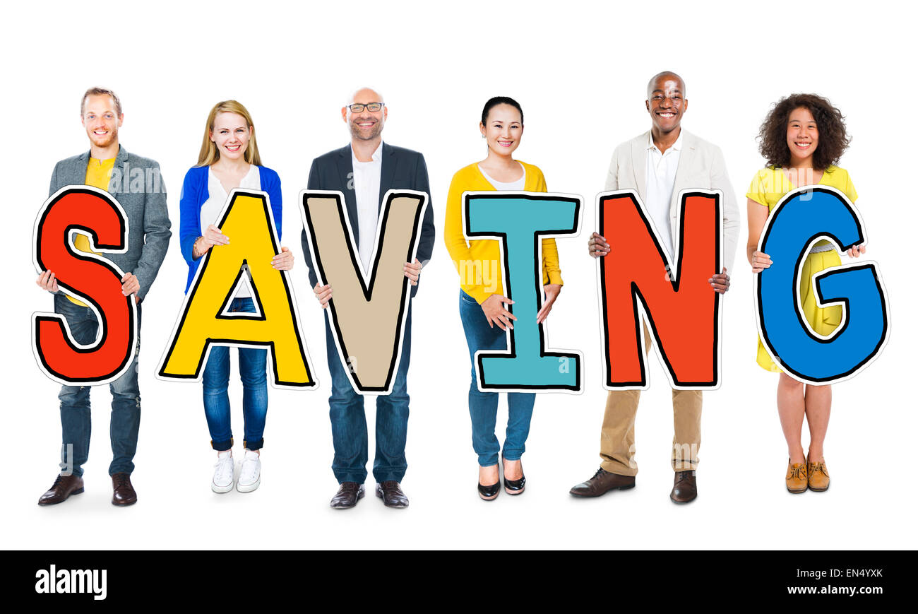 Multiethnische Gruppe von Menschen Holding speichern Stockfoto