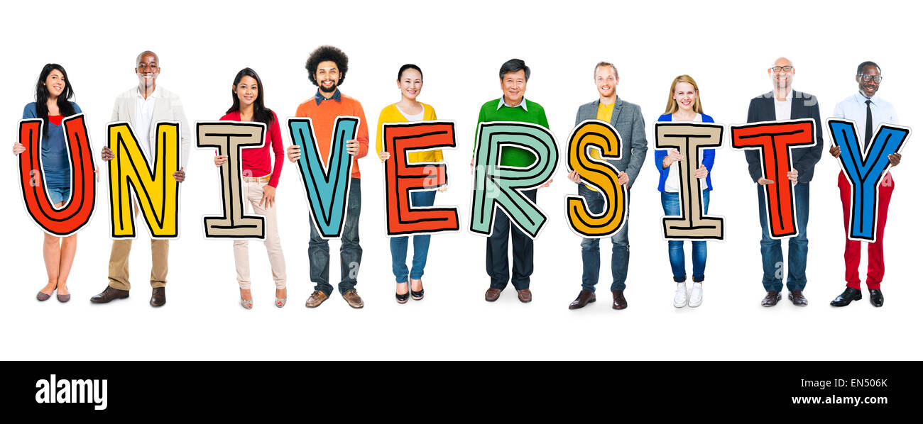 Diverse Leute Holding Text Universität Stockfoto