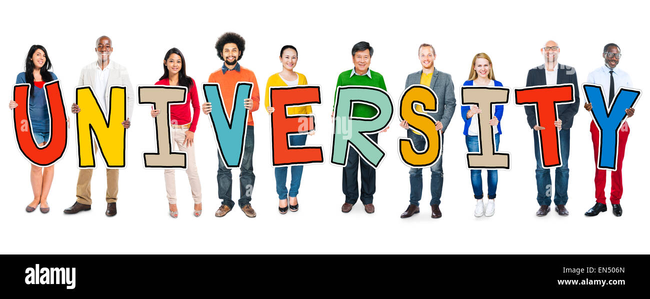 Diverse Leute Holding Text Universität Stockfoto