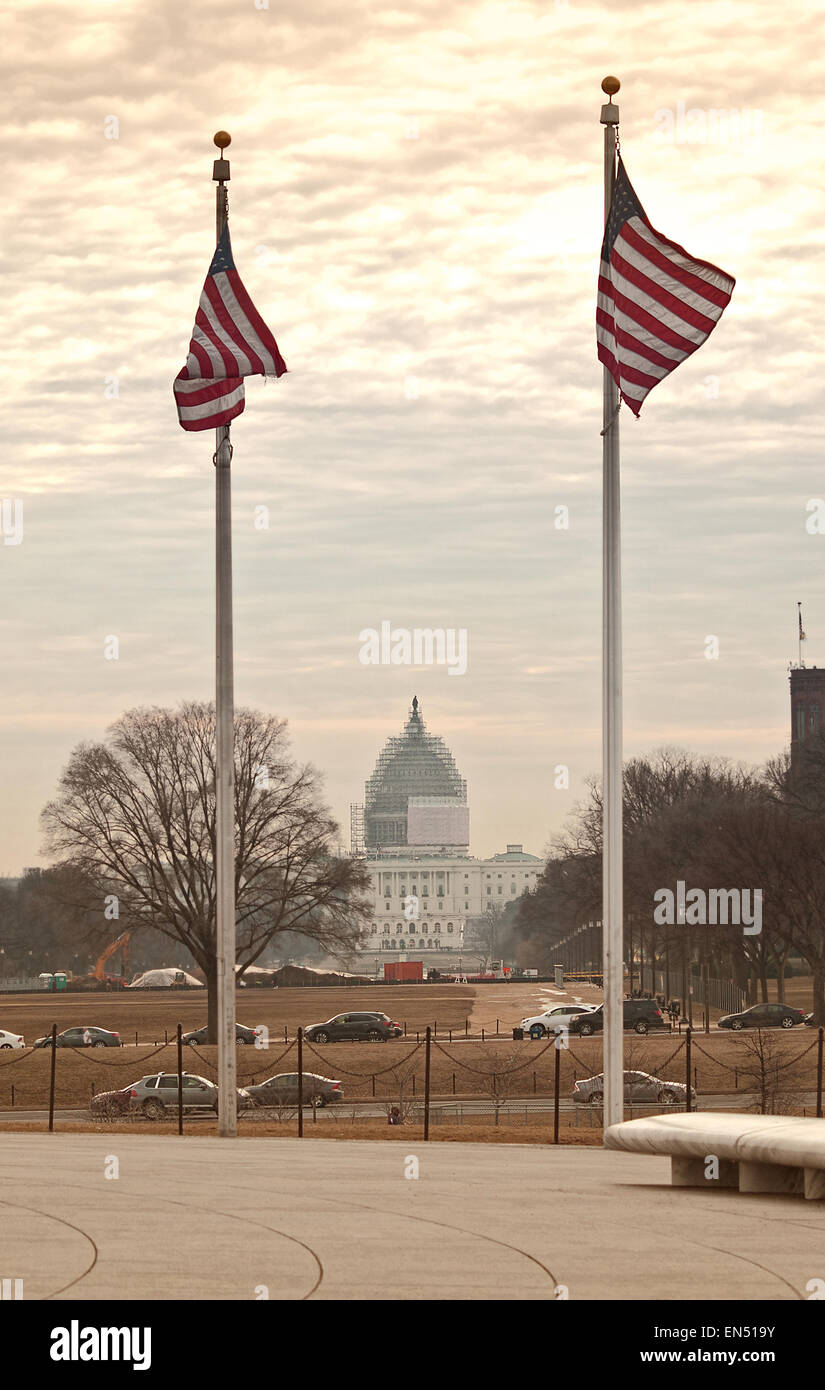 Washington, DC, USA. März 10,2015. United States Capitol mit Gerüst deckt die Kuppel für Restaurierung, im frühen Morgen Stockfoto