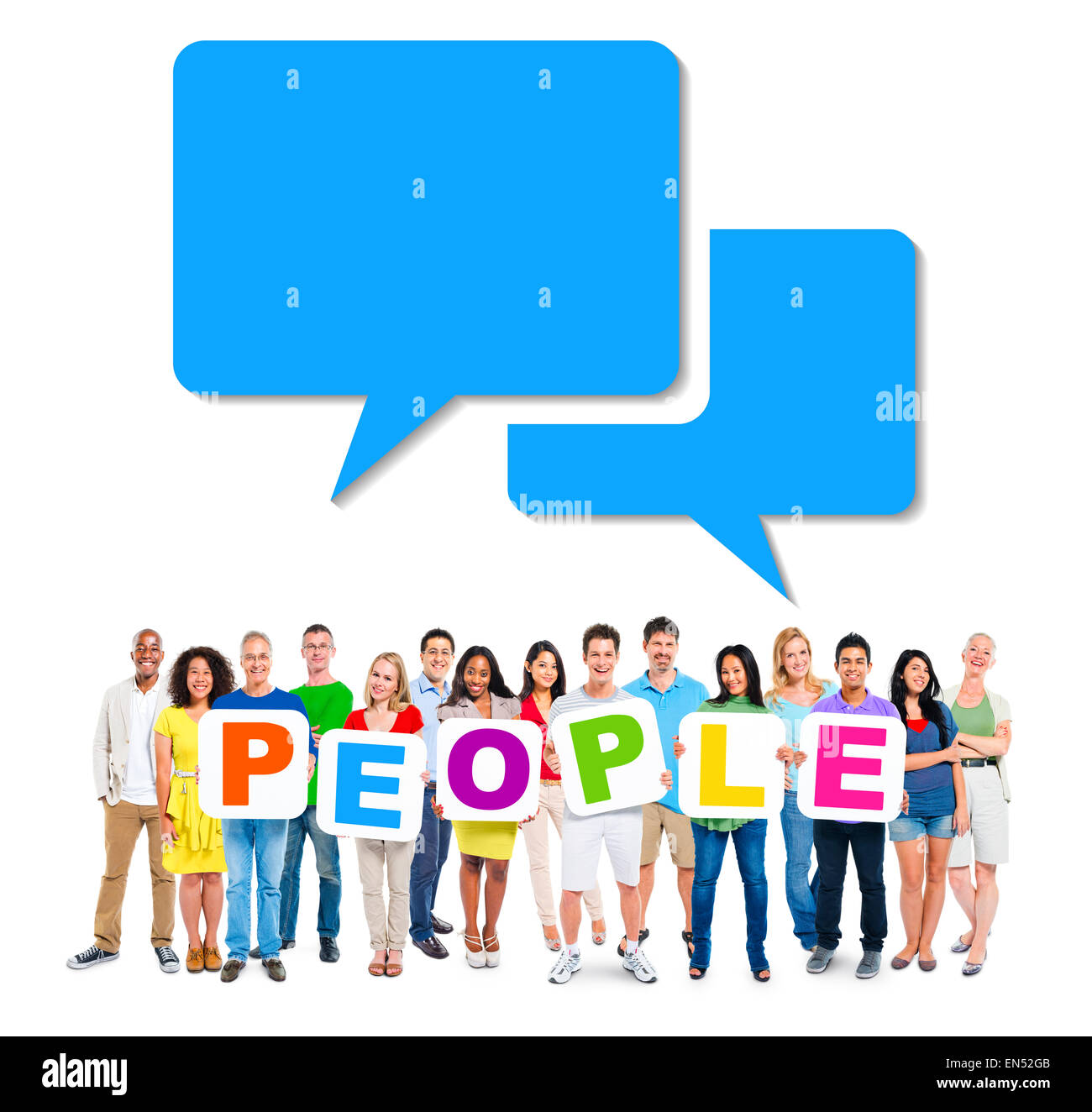 Multi-ethnischen Gruppe von Menschen Alphabet an Personen und Rede halten Luftblasen oben Stockfoto