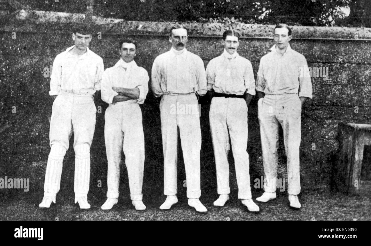 Mitglieder des Lancashire County Cricket Club Champions Team von 1904 l-r: W Findlay, L.O.S Poidevin, Kapitän A.C. MacLAren, A.H. Hornby und R.H. Spooner. Stockfoto
