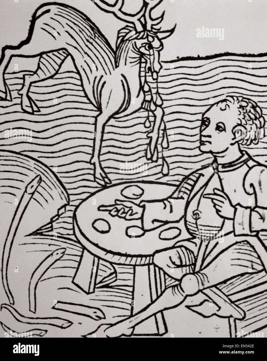 Ein Mann auf der Suche nach einem Reh Tränen als Aphrodisiakum. Xilografia. Hortus Sanitatis von Johannes de Cuba (1430-1503). 15. JH. Stockfoto