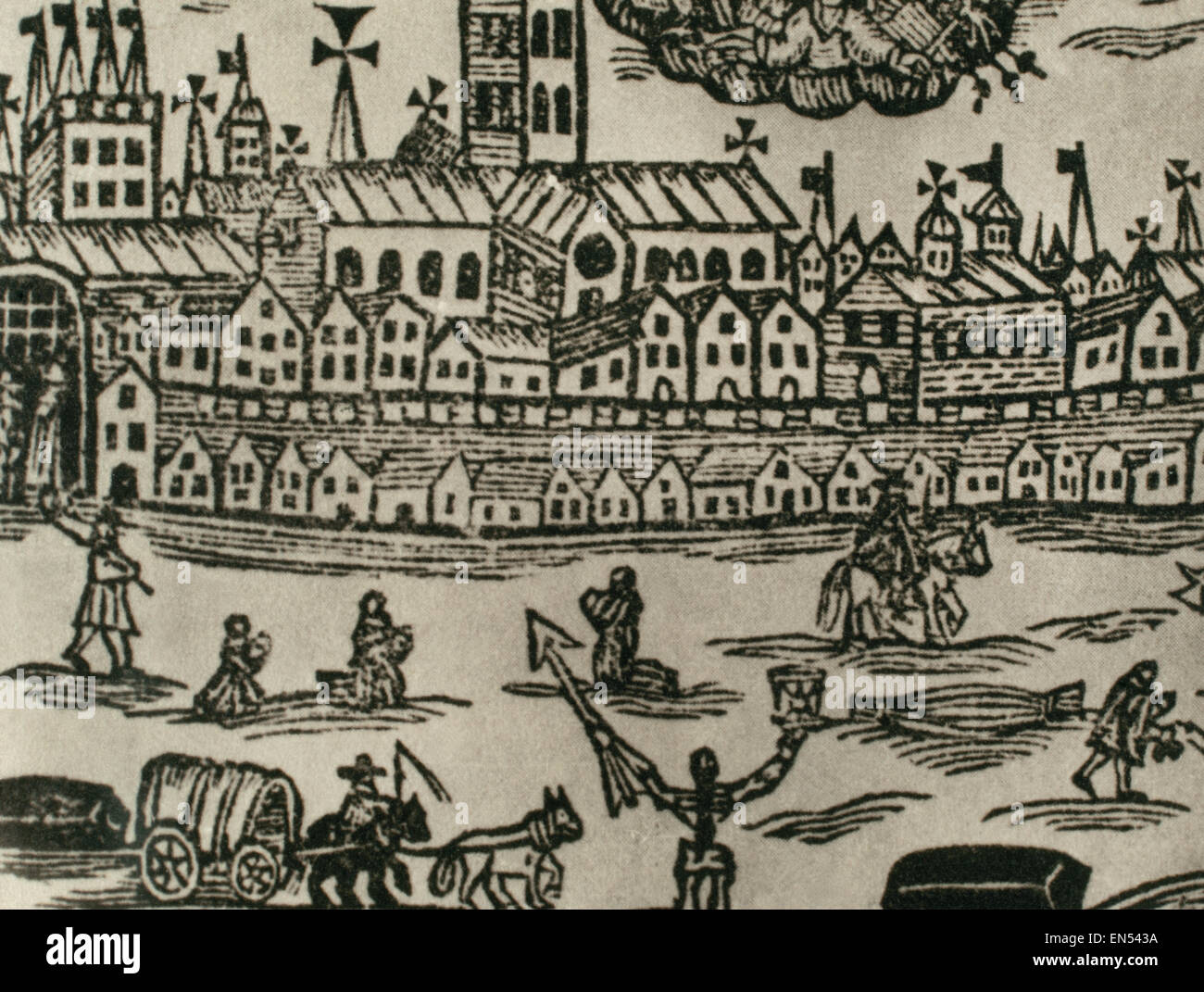 Große Pest von London. 1665-1666. zeitgenössische Gravur. Menschen auf der Flucht der Stadt, Leiche wird weggenommen und Frauen beten. Great Britain. Stockfoto