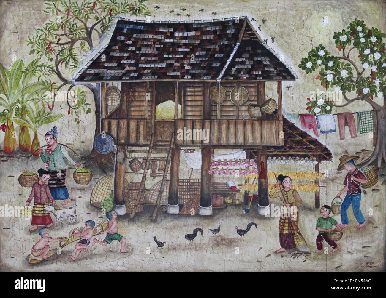 Malerei mit traditionellen Thai hölzernen Stelzen Haus Stockfoto