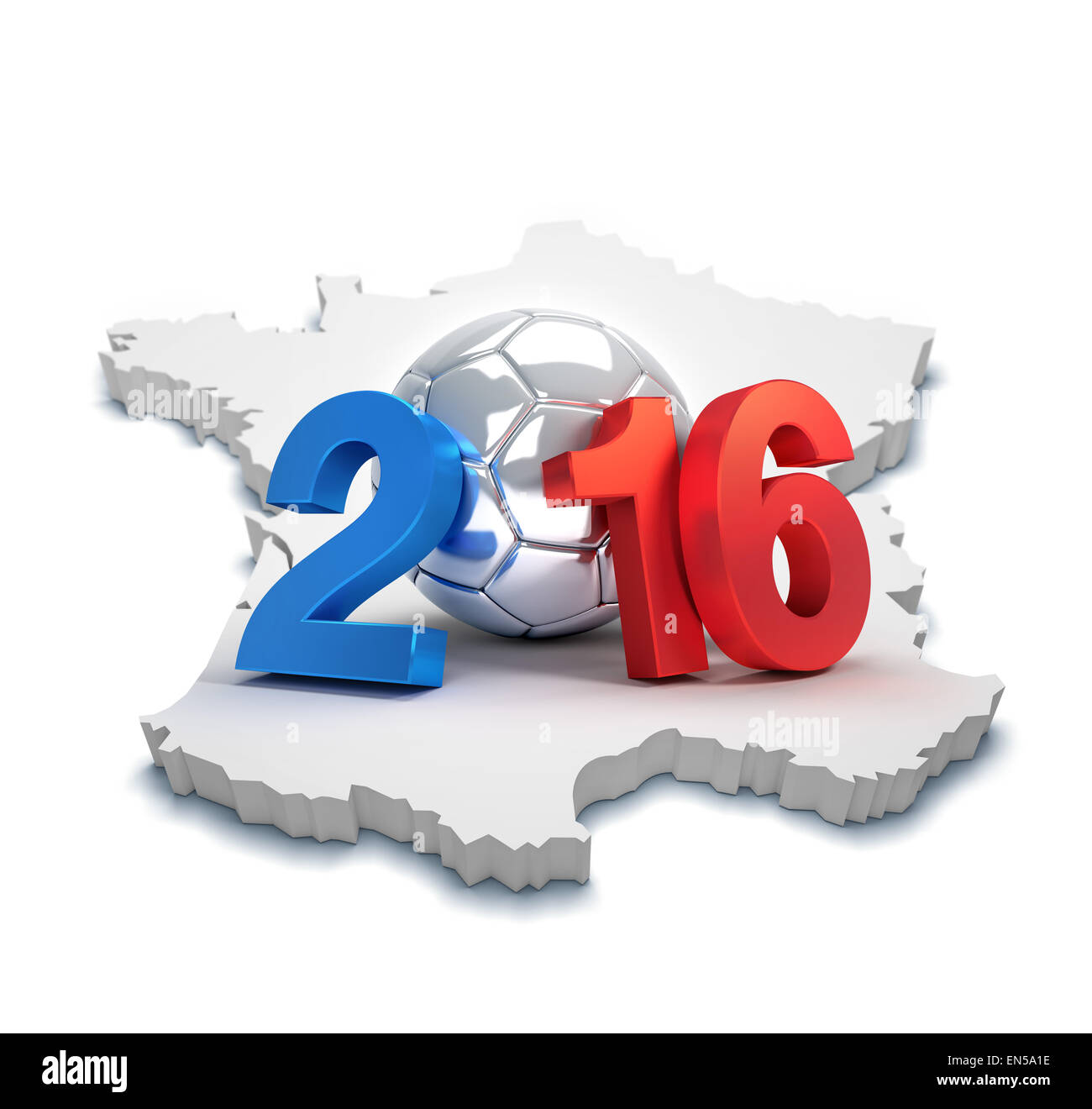 Frankreich 2016, Jahr, illustriert mit einem silbernen Fußball auf einer französischen Karte Stockfoto