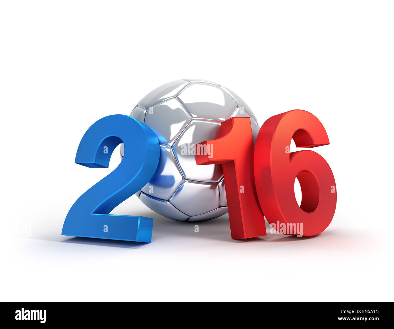 Frankreich 2016, Jahr, illustriert mit einem silbernen Fußball, isoliert auf weiss Stockfoto
