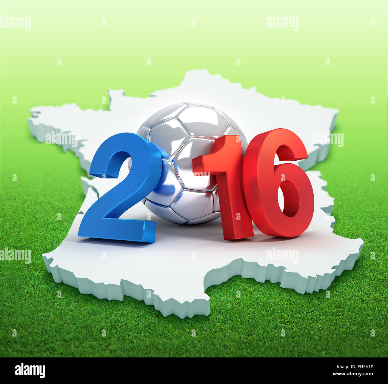 Frankreich 2016, illustriert mit einem silbernen Fußball auf französische Karte und Rasen Jahr Stockfoto