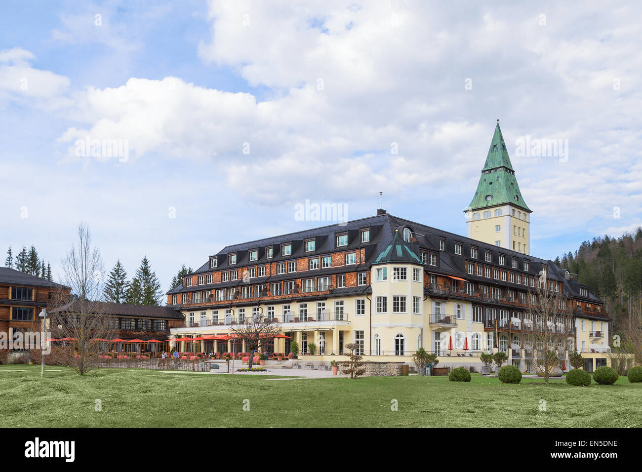 Die Staats-und Regierungschefs der G7 "Großen sieben" Länder treffen sich im Hotel Schloss Elmau königlichen Luxus-Residenz in bayerischen Alpental. Stockfoto