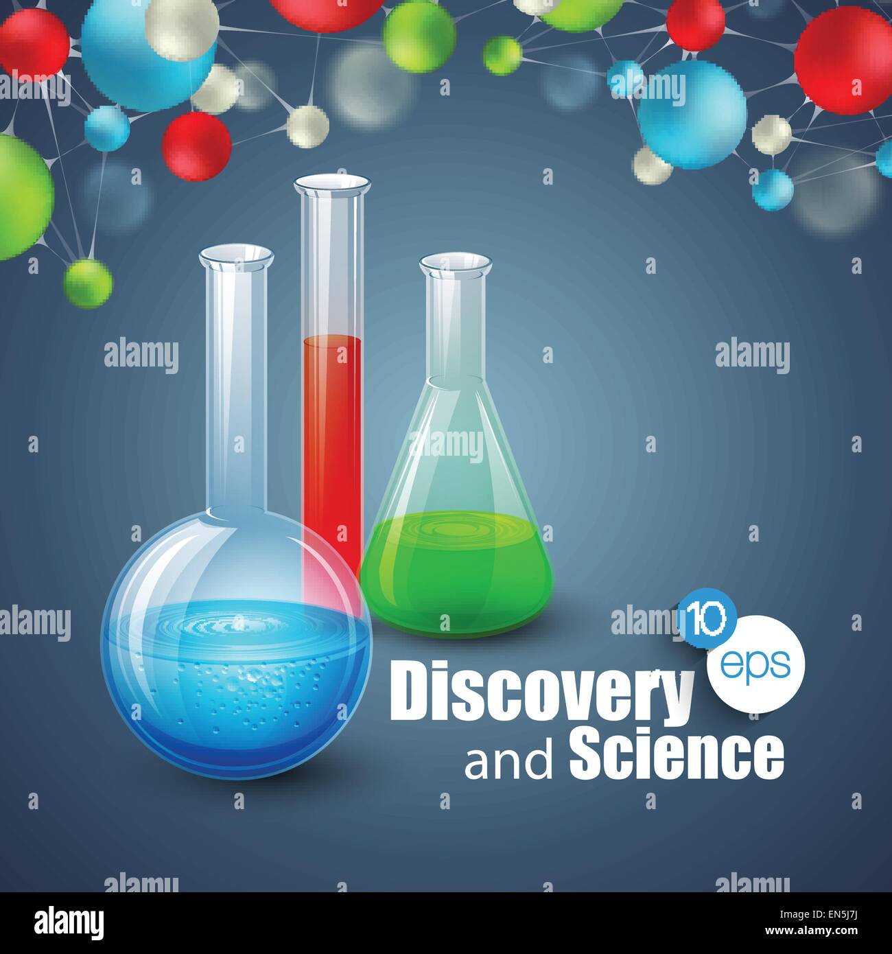 Chemische Wissenschaft und Entdeckung. Vektor-Illustration. Molekül und Fläschchen Stock Vektor