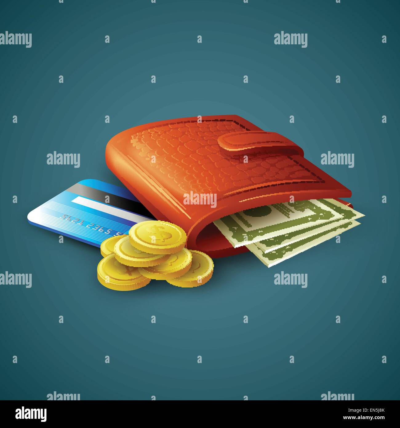 Geldbörse mit Geld, Kreditkarten und Münzen. Vektor-Illustration EPS 10 Stock Vektor