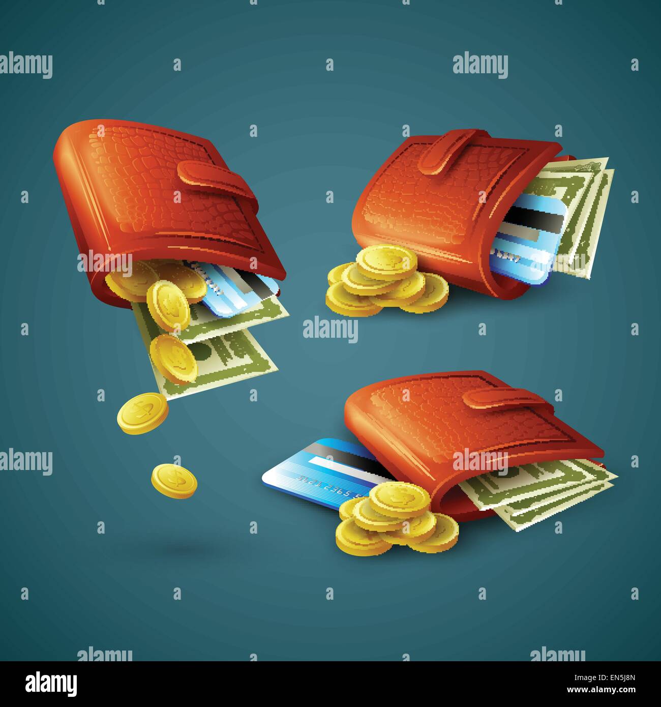 Geldbörse mit Geld, Kreditkarten und Münzen. Vektor-Illustration EPS 10 Stock Vektor