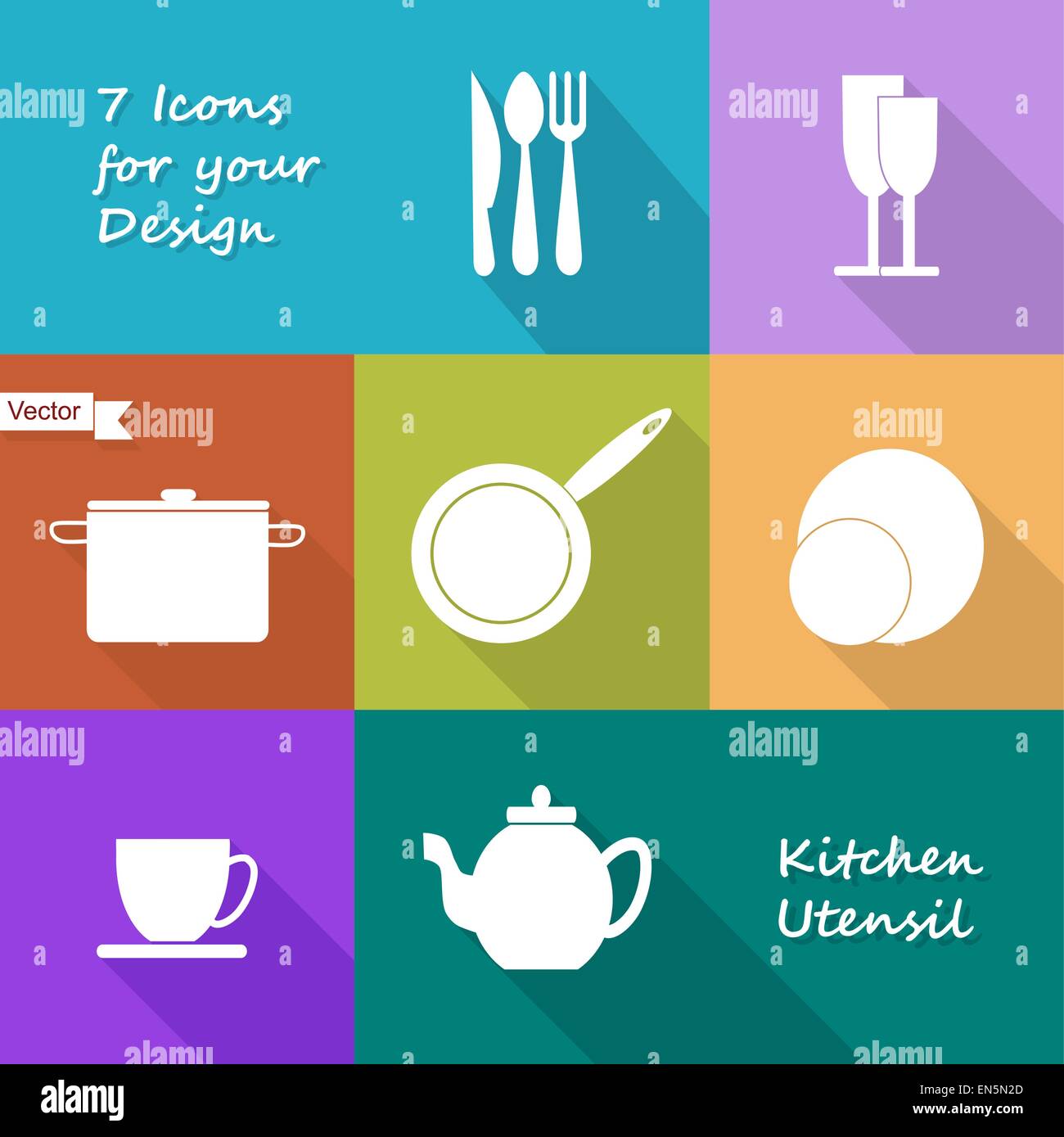 Sieben Symbole der Küchenutensil in farbigen flache Design-Stil Stock Vektor
