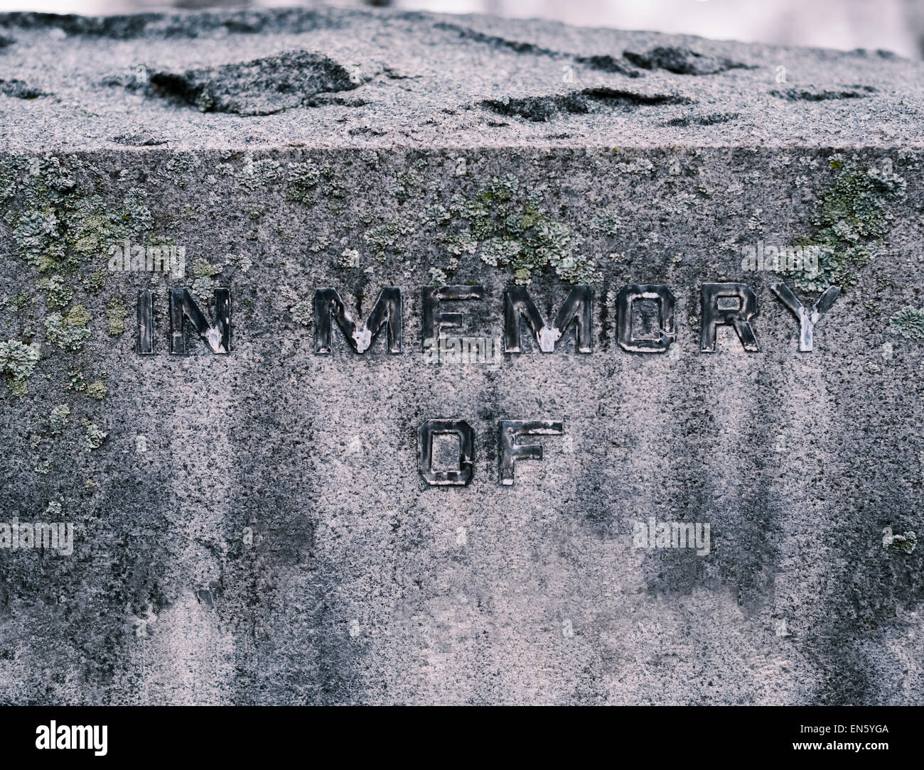 Detail der korrodierten Grabstein mit den Worten In Erinnerung an im Friedhof am trüben Tag in schwarz / weiß Stockfoto