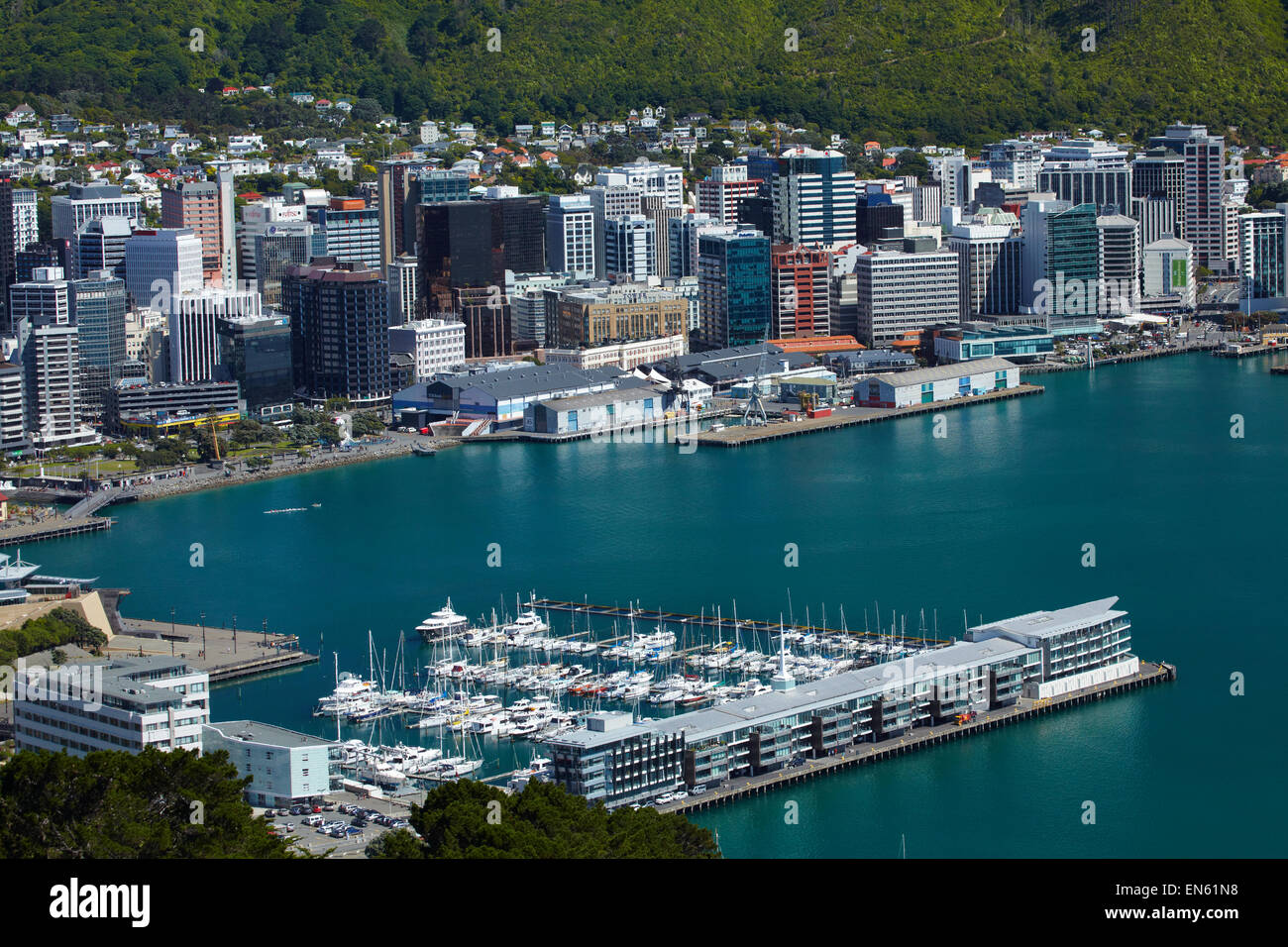 Blick auf Wellington CBD, Hafen und Chaffers Marina, von Mount Victoria Lookout, Wellington, Nordinsel, Neuseeland Stockfoto