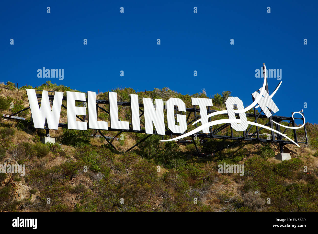 Windy Wellington Zeichen, Lyall Bay, neben Flughafen Wellington, Wellington, Nordinsel, Neuseeland Stockfoto