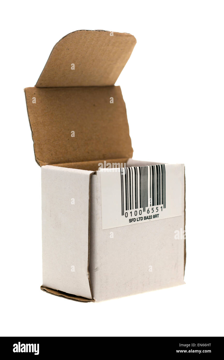 Kleines Bauteil Flip Top-Karton-Container und barcode Stockfoto