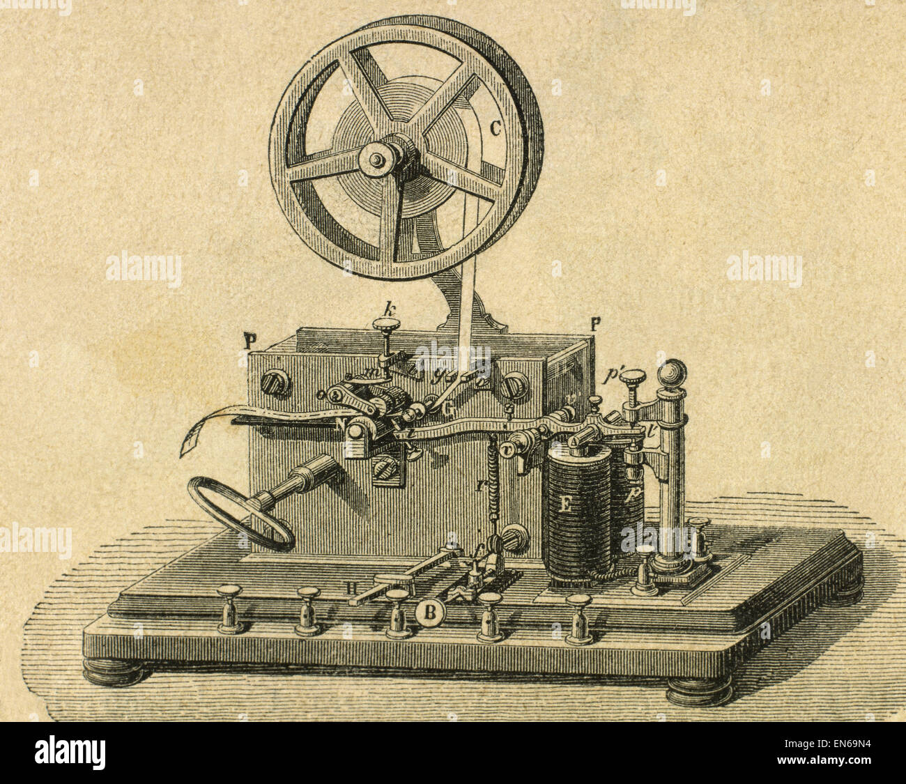 Morse System. Morse-Telegraph-Receiver. Gravur des 19. Jahrhunderts. Stockfoto