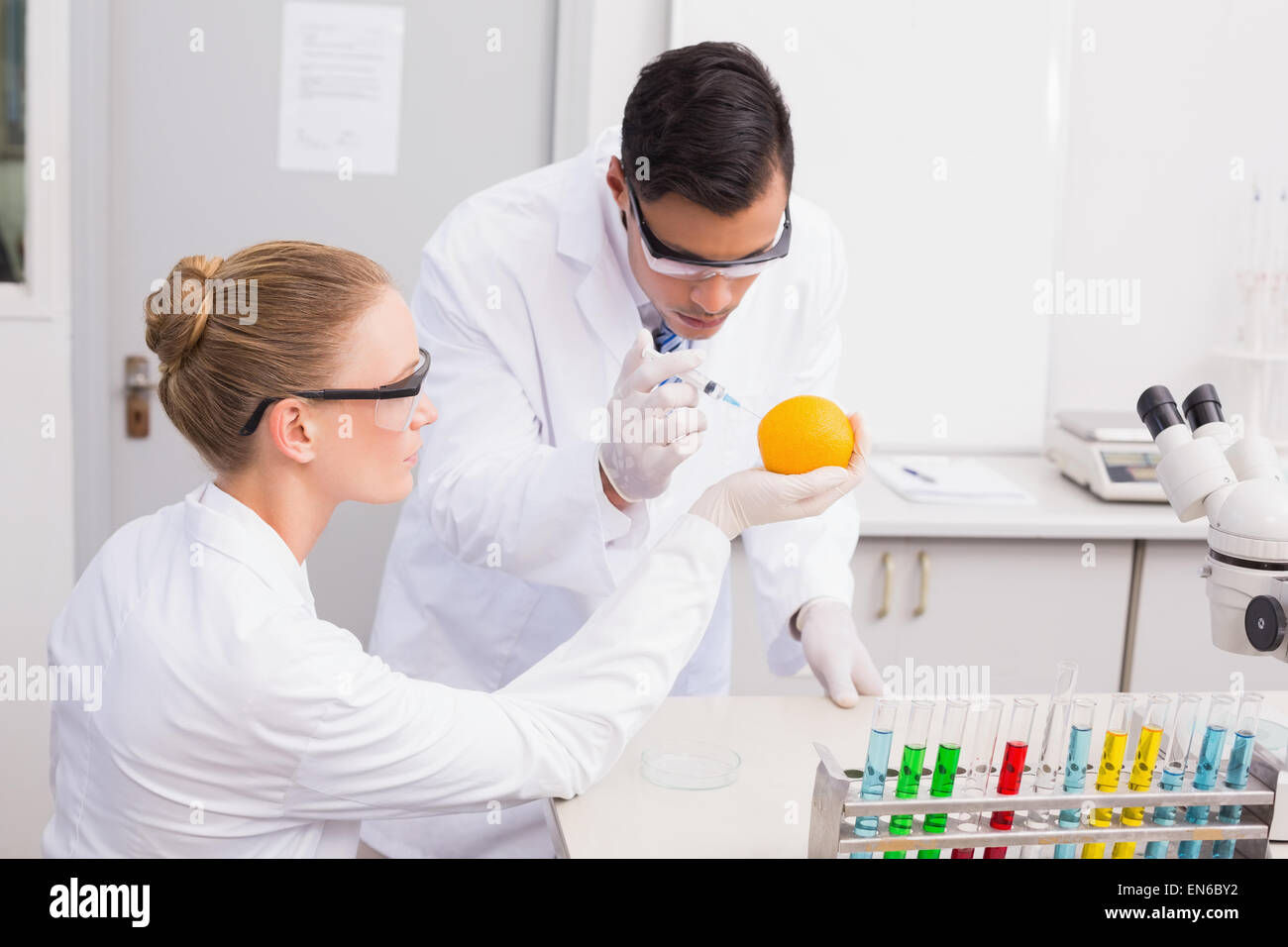 Wissenschaftler, die Injektion von Orange zu konzentrieren Stockfoto
