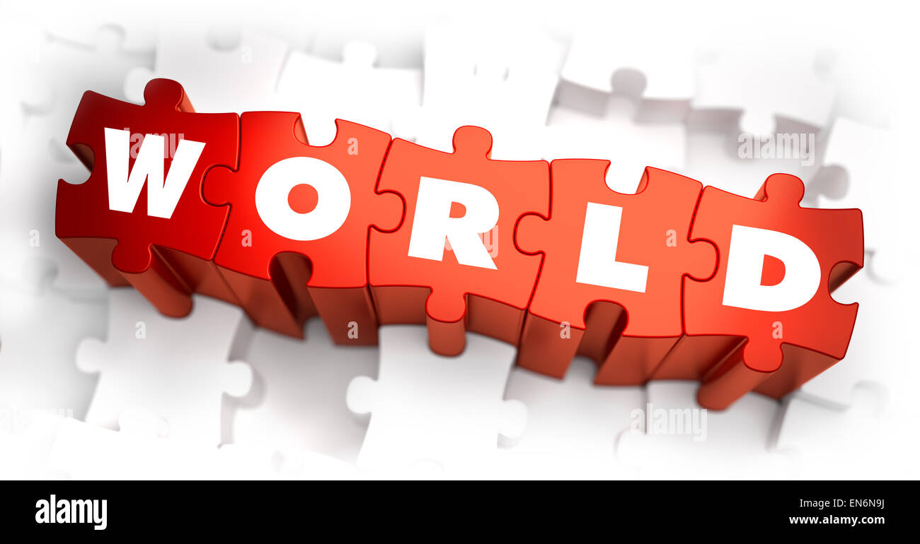 Welt - Rätsel weiß Wort auf rot. Stockfoto