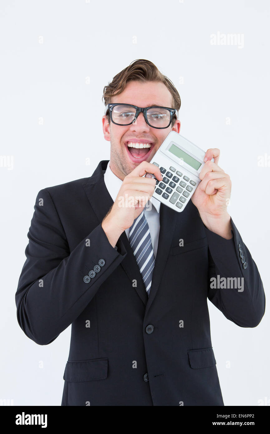 Geeky Geschäftsmann auf Rechner Stockfoto