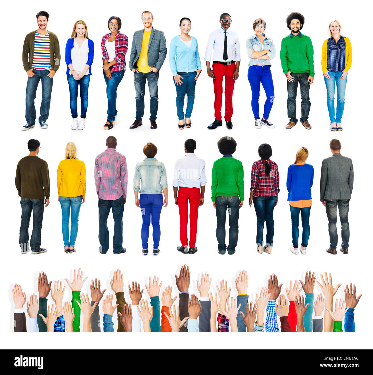 Gruppe von unterschiedlichen Menschen mit menschlichen Händen stehend Stockfoto