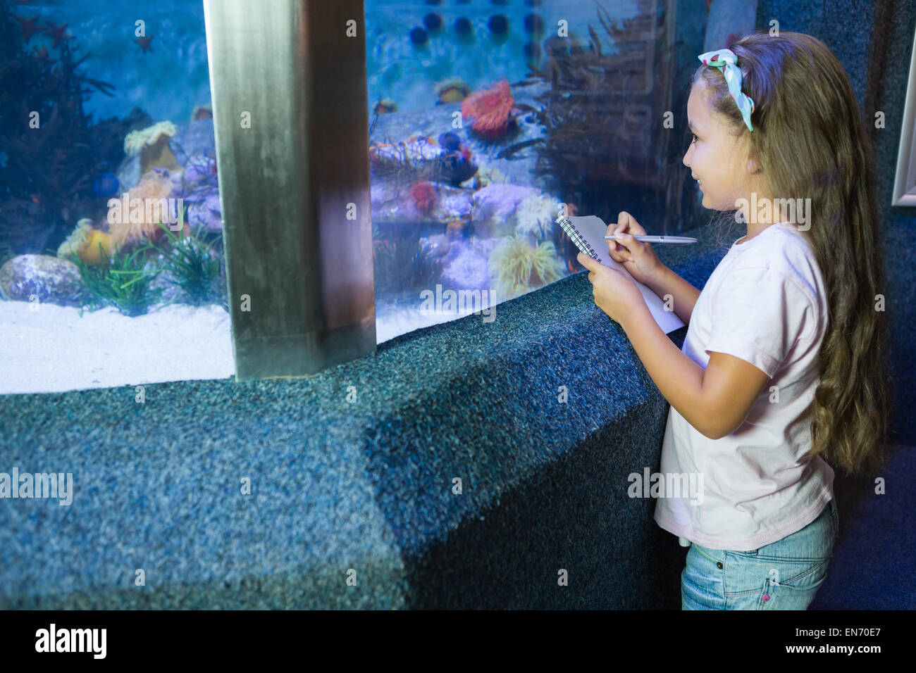 Süße Mädchen suchen im Aquarium Stockfoto