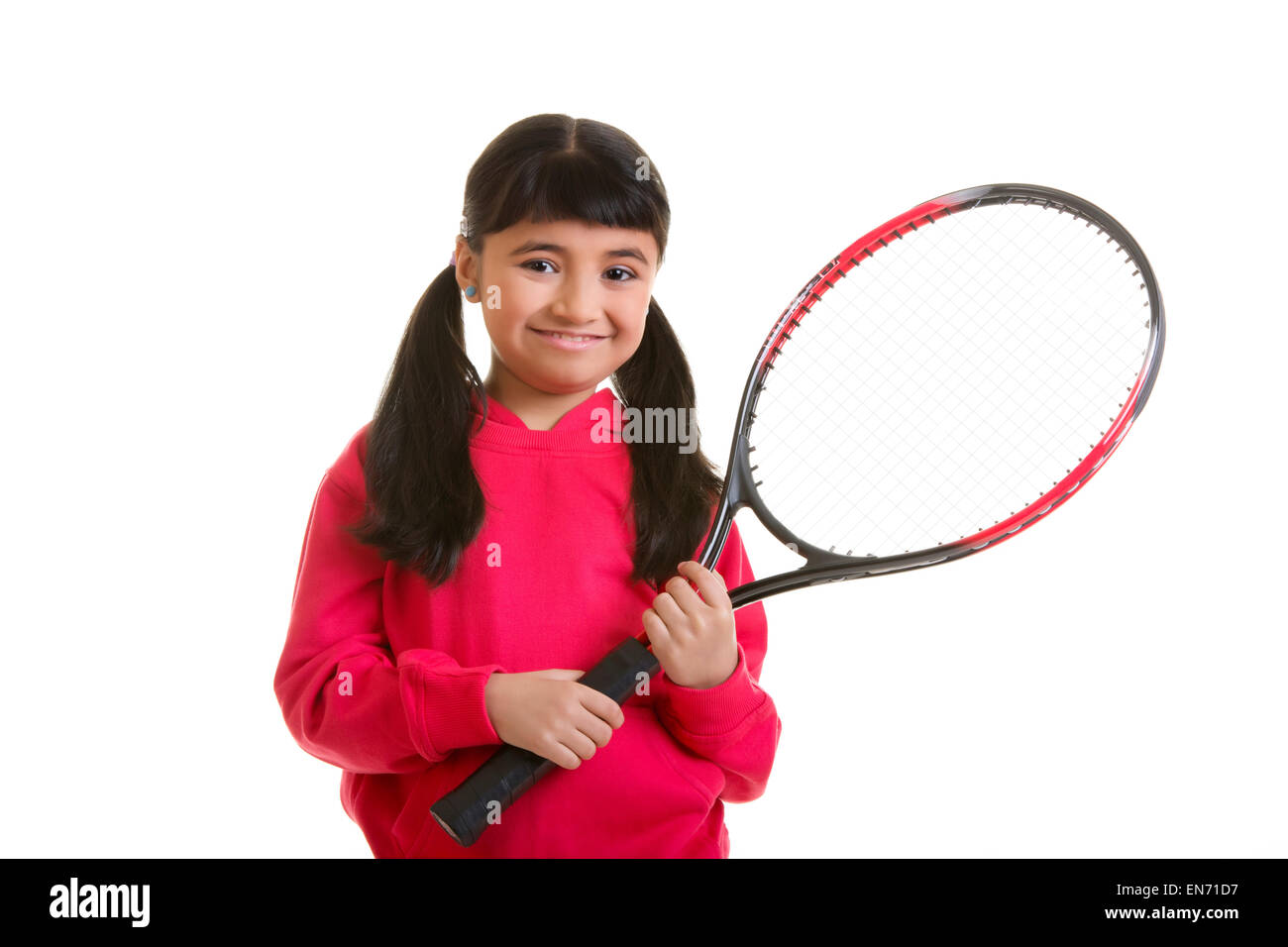 Mädchen hält Tennisschläger Stockfoto