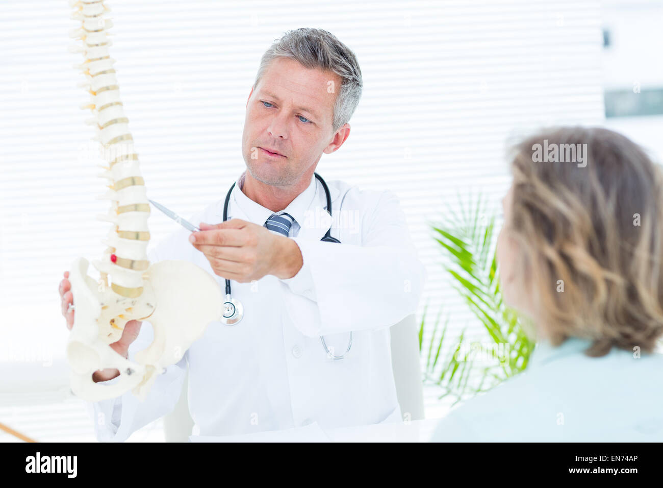 Arzt zeigt seinen Patienten ein Modell der Wirbelsäule Stockfoto