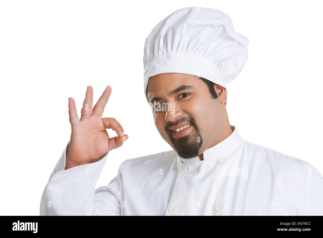 Porträt des Küchenchefs geben ok Handbewegung Stockfoto