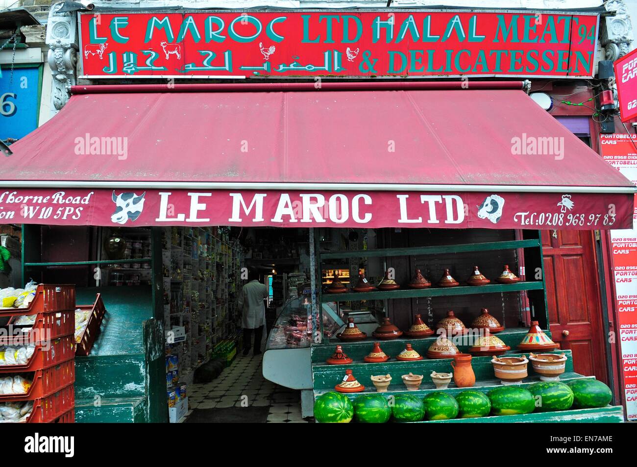 Le Maroc Halal-Fleisch-Shop, Goldborne Road, London, England, UK Stockfoto