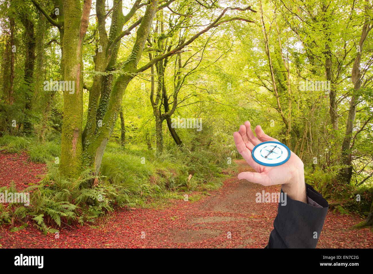 Zusammengesetztes Bild des Kaufmanns an Hand heraus in Präsentation Stockfoto