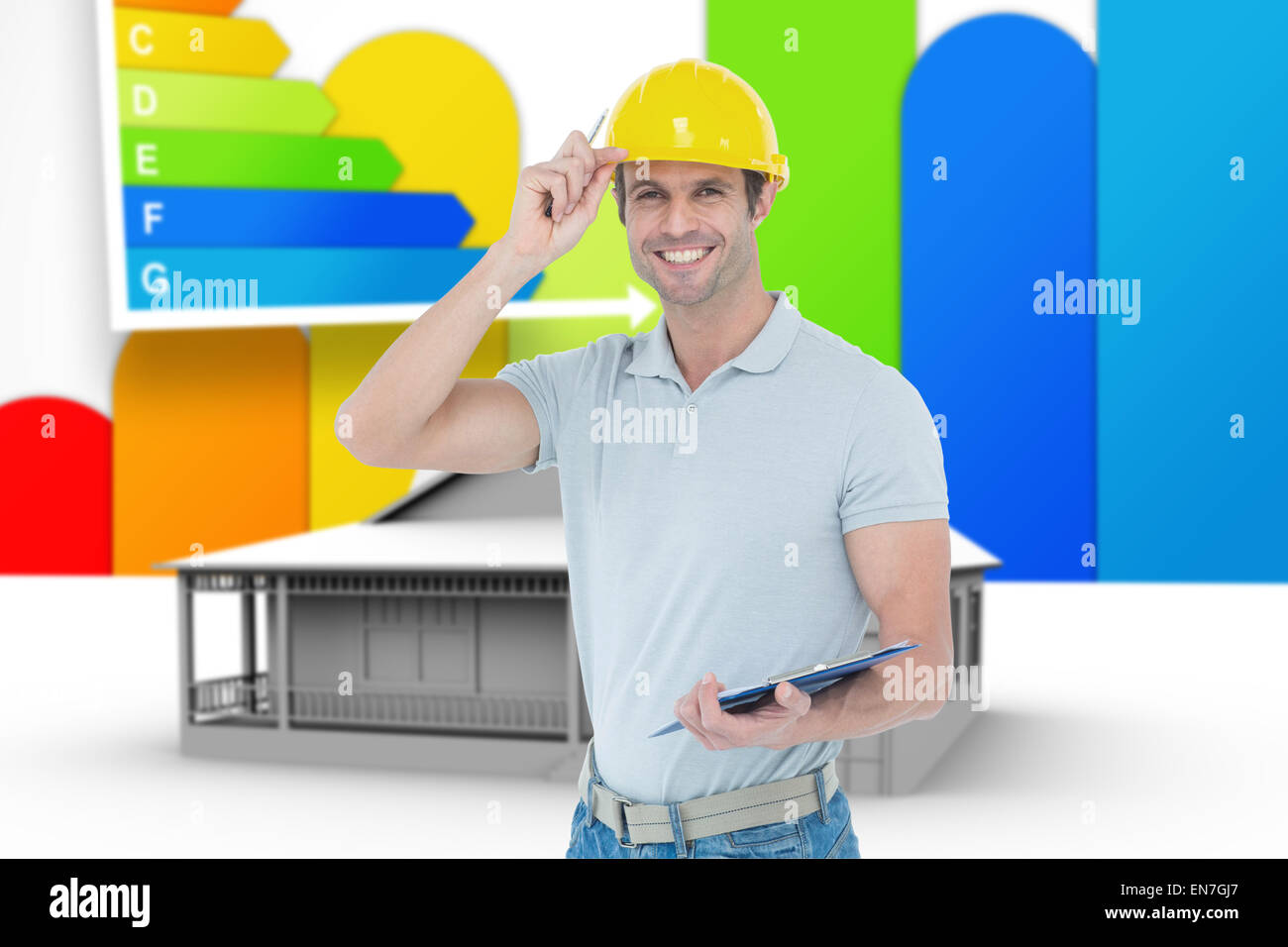 Zusammengesetztes Bild des Architekten tragen Schutzhelm Clip Board mit gedrückter Stockfoto