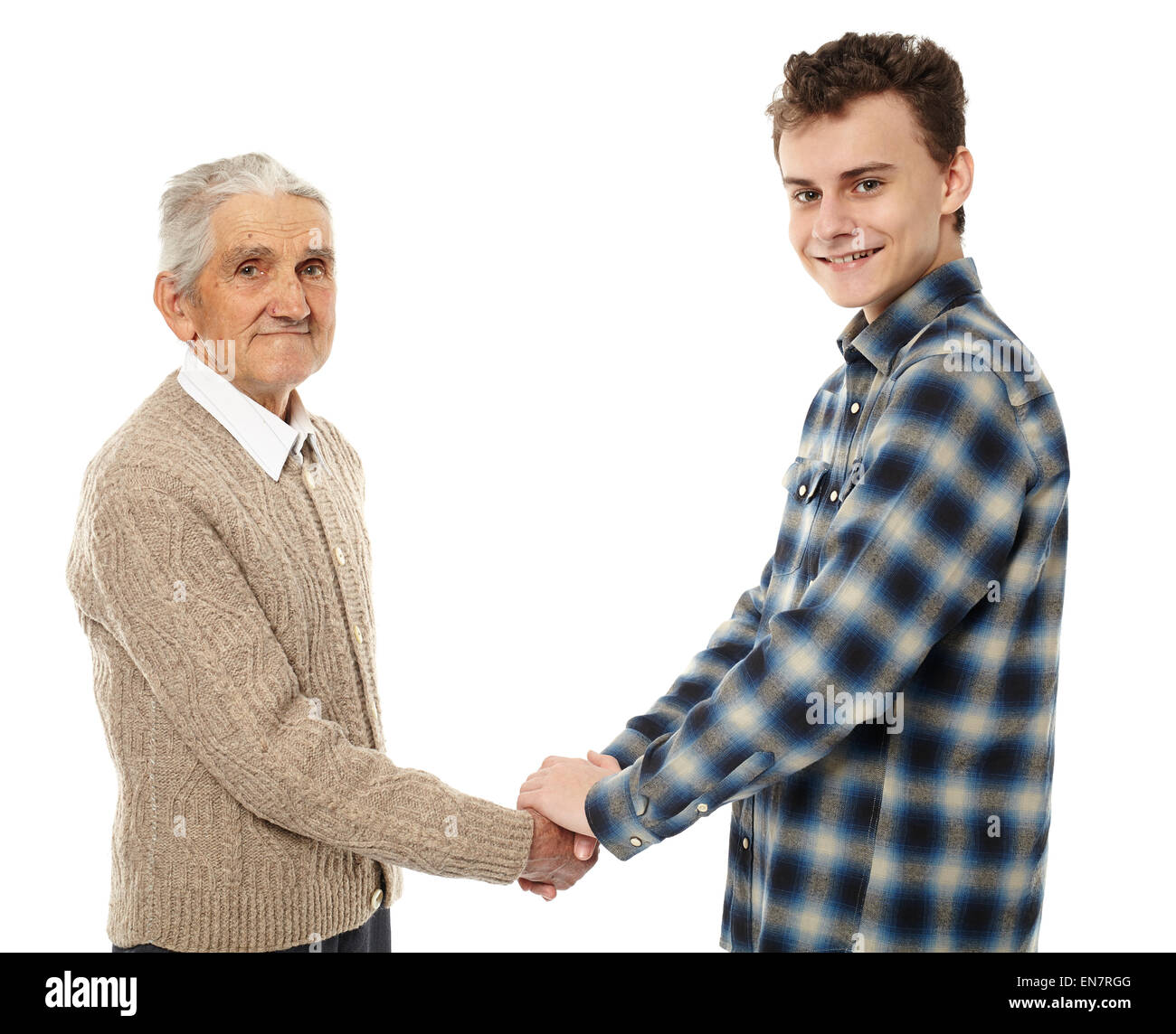 Handshake zwischen Großvater und Enkel, die isoliert auf weißem Hintergrund Stockfoto