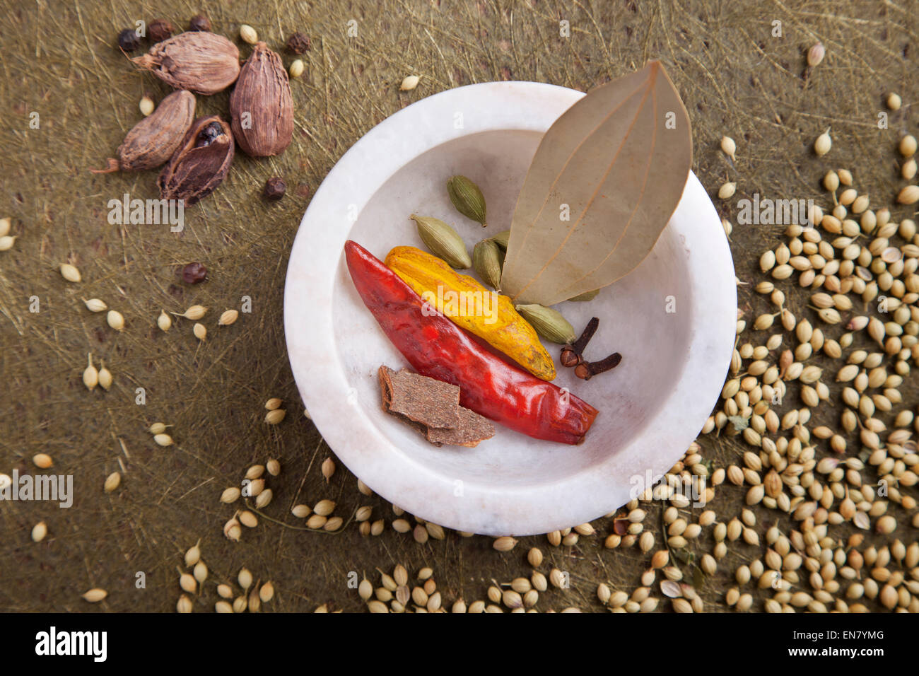 Nahaufnahme von einem indischen Gewürzen mit Marmor Mörser Stockfoto