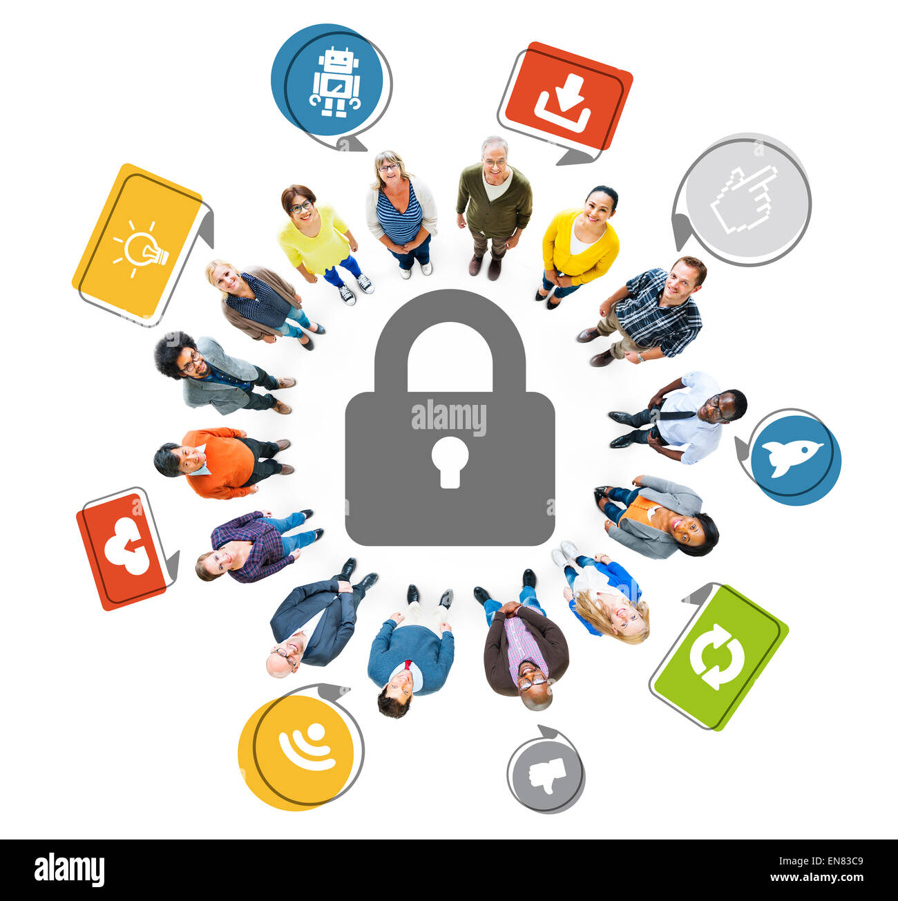 Luftaufnahme der multiethnischen und Social-Media-Security-Konzept Stockfoto