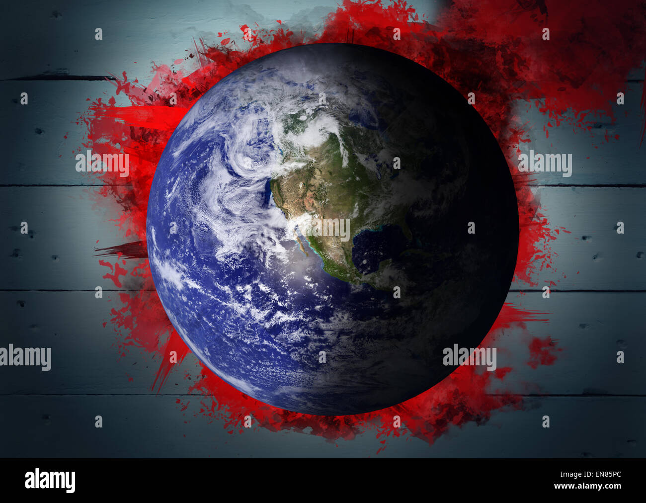 Zusammengesetztes Bild der Erde mit roten Rauch Stockfoto