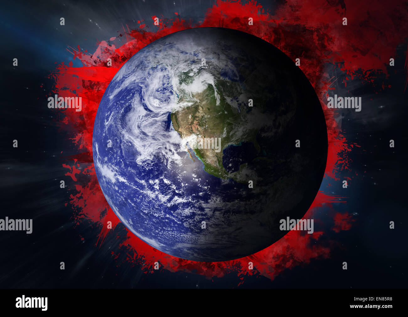 Zusammengesetztes Bild der Erde mit roten Rauch Stockfoto