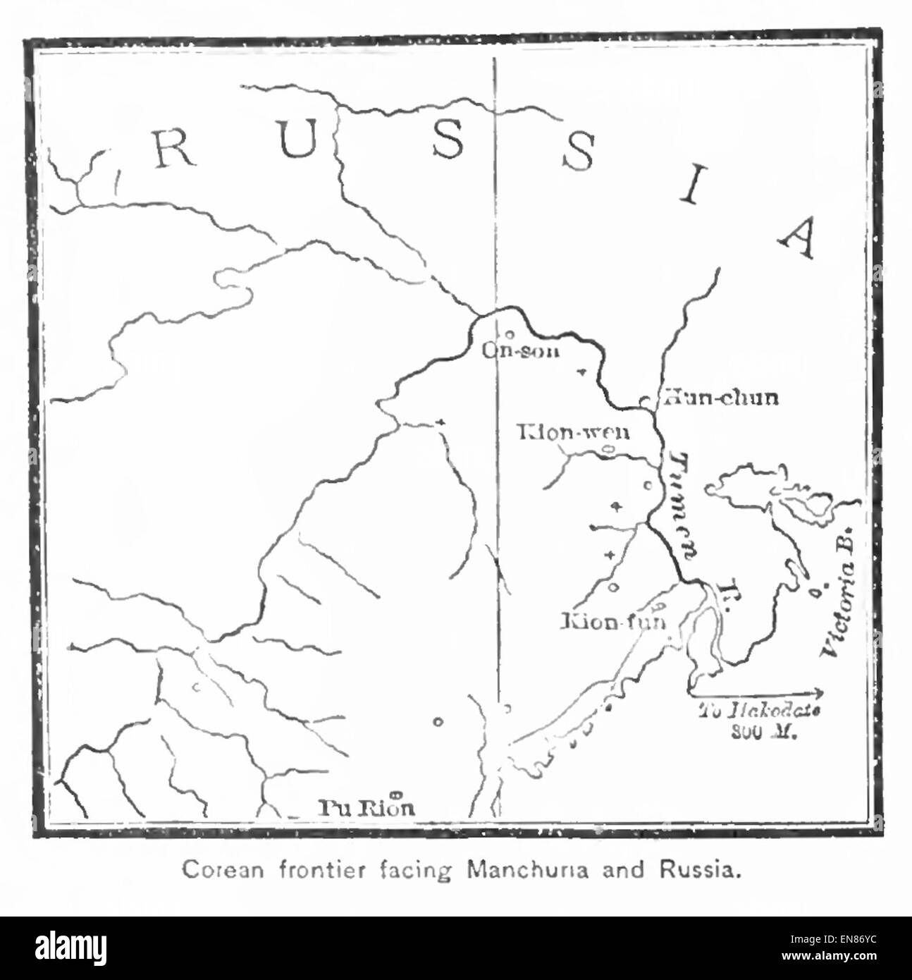 Diese 1897 von Griffis gezeigte Illustration zeigt die koreanische Grenze gegenüber der Mandschurei und Russland und hebt die geopolitischen Spannungen in Ostasien während des späten 19. Jahrhunderts hervor. Stockfoto