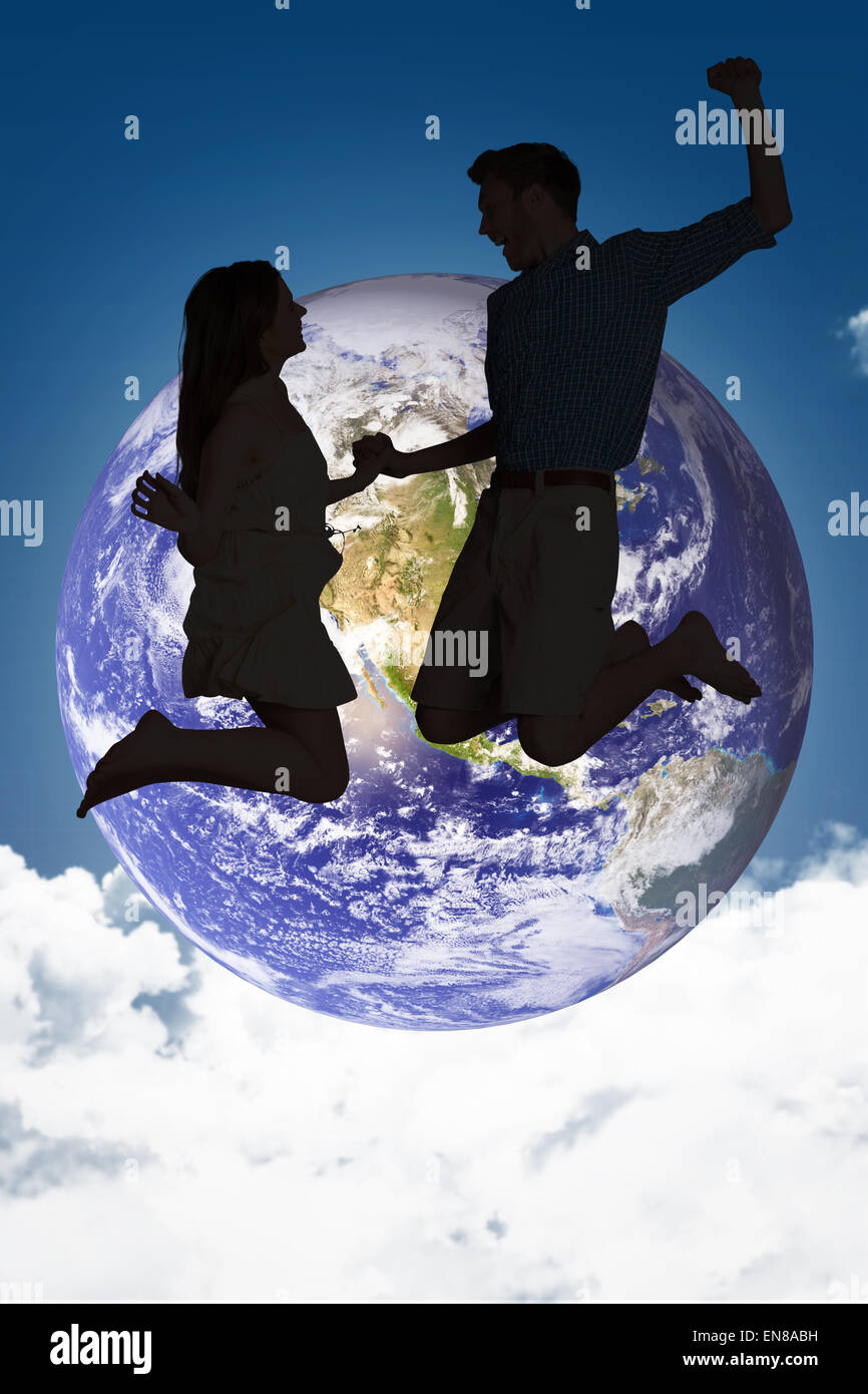 Zusammengesetztes Bild fröhlichen jungen Paares springen Stockfoto