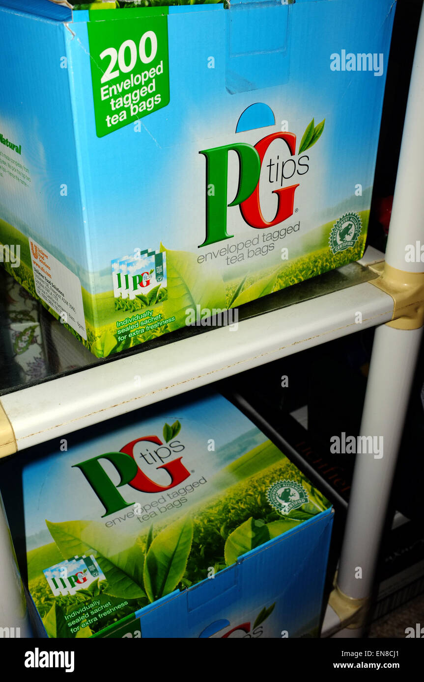 Boxen von PG Tips Teebeuteln auf Regale in einem Abstellraum. Stockfoto