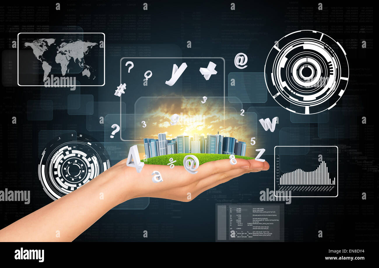 Stadtbild in der Hand auf schwarzem Hintergrund Stockfoto