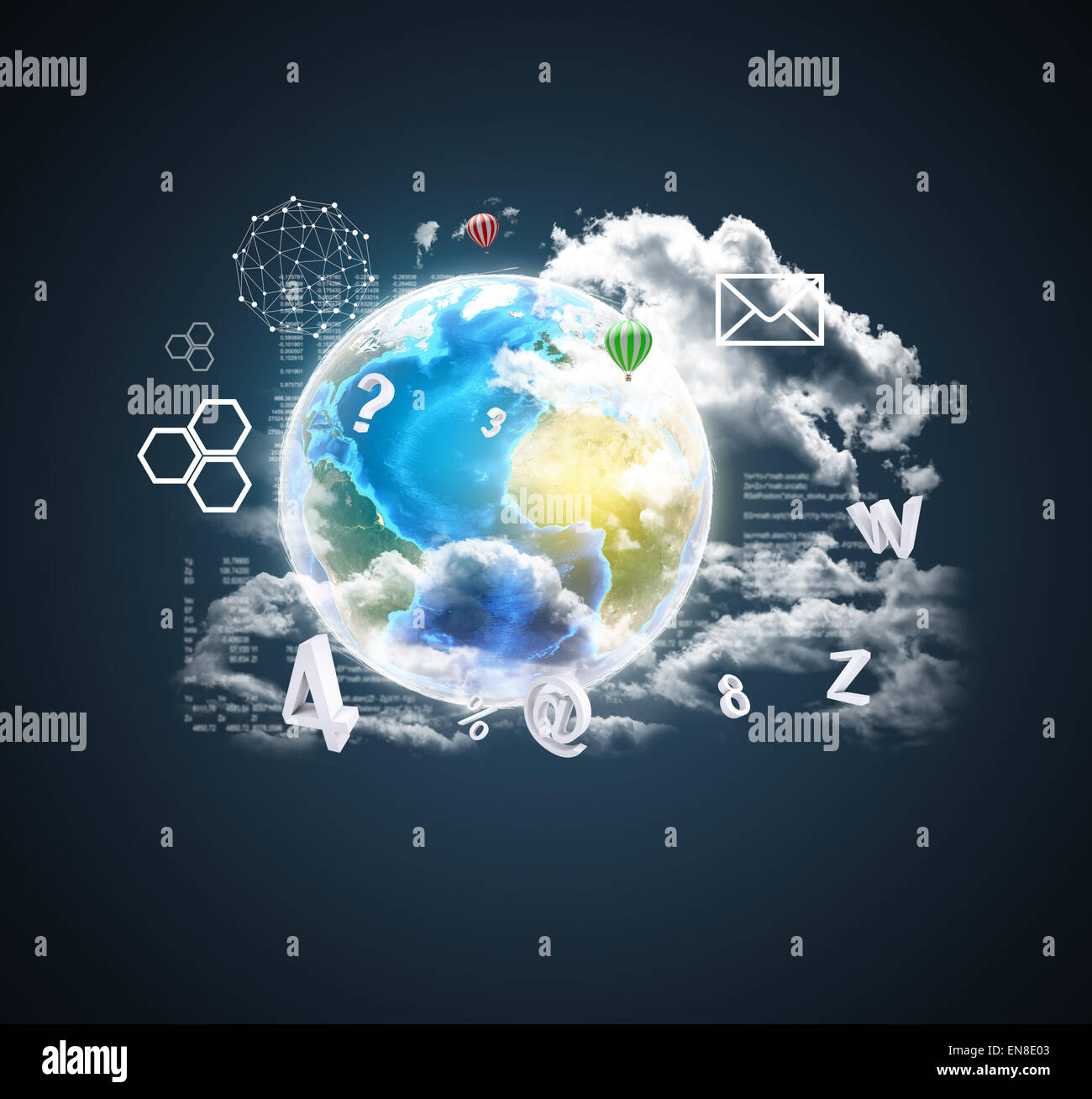 Erde auf abstrakte blauen Hintergrund mit Symbolen Stockfoto