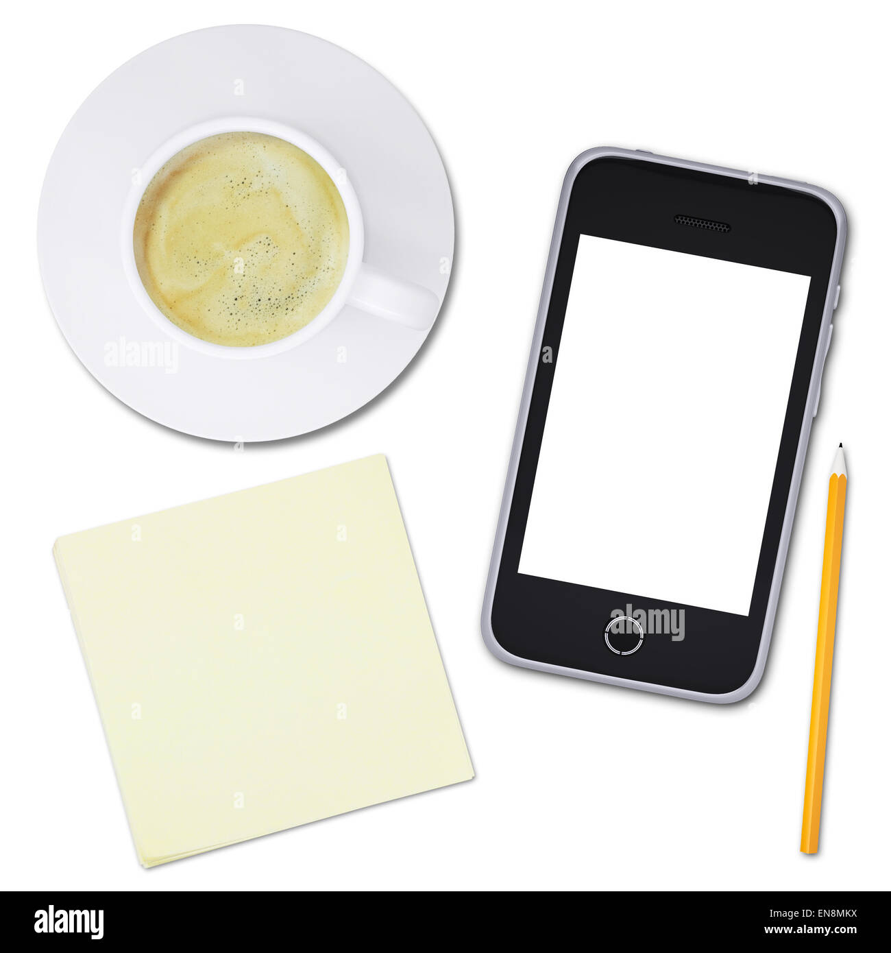 Schwarz, Mobile und Kaffeetasse, Ansicht von oben Stockfoto