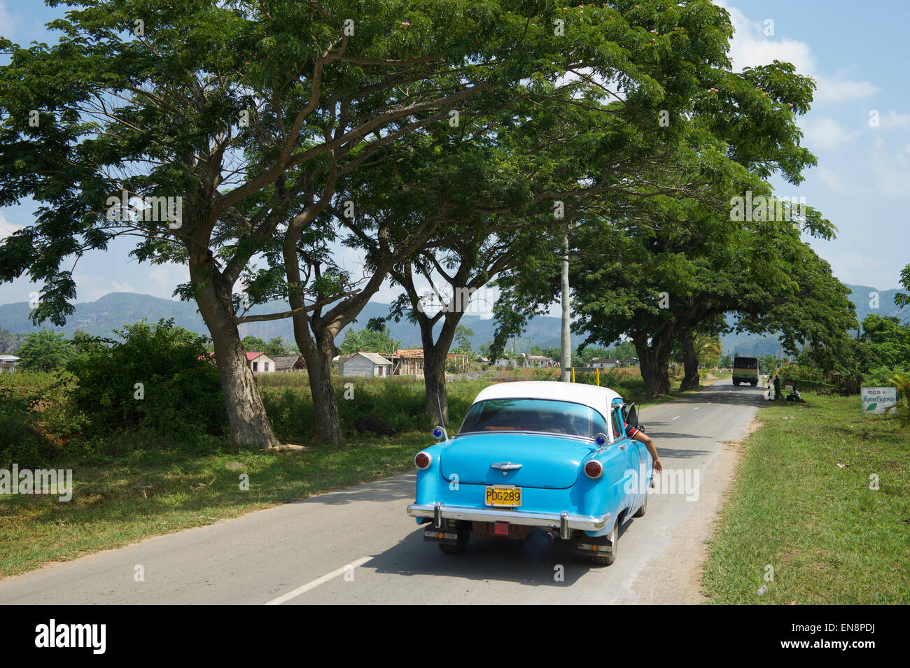 VINALES, Kuba - 20. Mai 2011: Amerikanische Oldtimer rollt eine ruhige ländliche Landstraße. Stockfoto