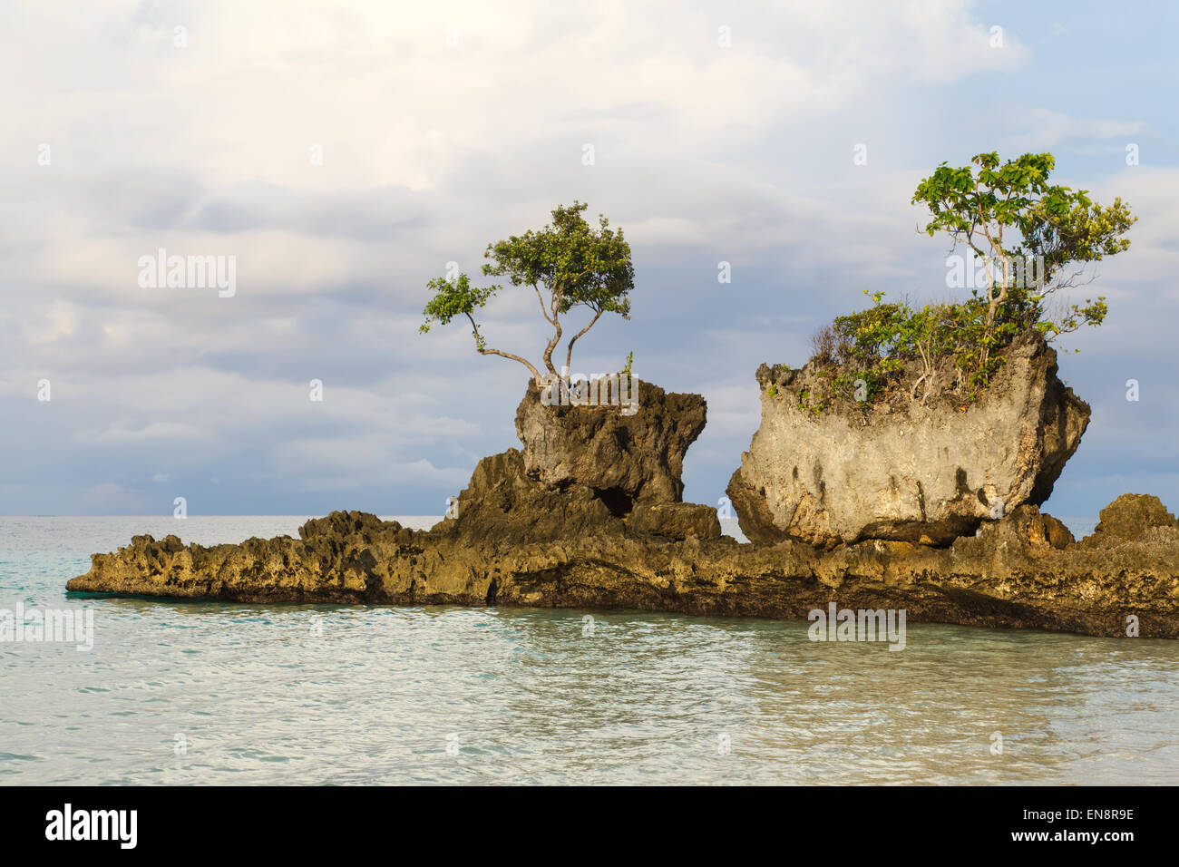 Palmen auf tropischen Felseninsel am blauen Meer, Philippinen Boracay island Stockfoto