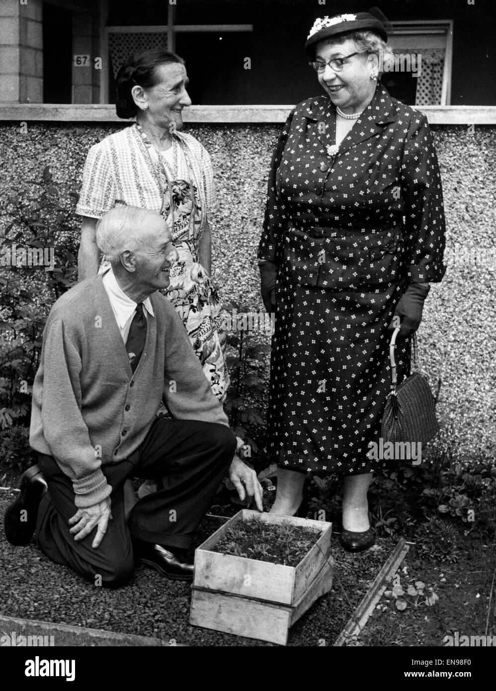 Frau Alice Cullen MP für die Gorbals hat noch einen Blick auf die modernen Wohnungen in der Lawmoor Street und Commercial Road, Juni 1959. Im Bild: Chat mit Herrn 7 Frau John Kilpatrick, machst, die ein Ort der Gartenarbeit. Sie haben das Haus für mehr als ein y besetzt. Stockfoto