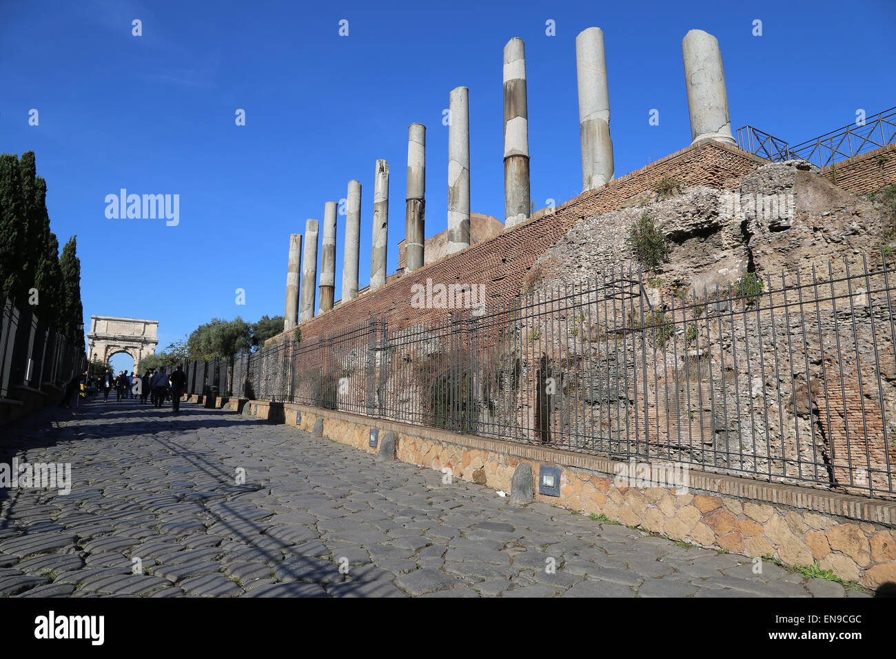 Italien. Rom. Via Sacra. Detail-Stein-Pflaster. In der Nähe von Forum Romanum. Stockfoto
